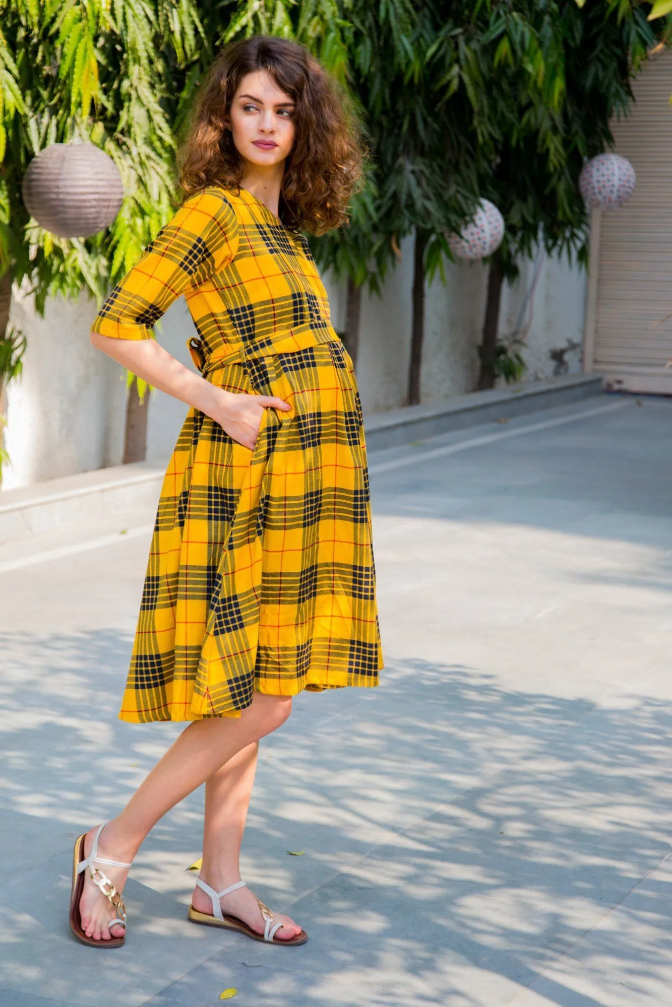 Yellow Chestnut Plaid Maternity & Nursing Dress