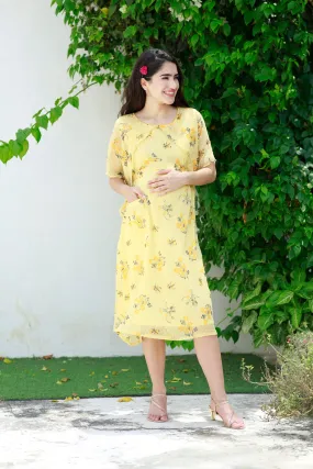 Yellowish Cream Blossom Maternity & Nursing Dress