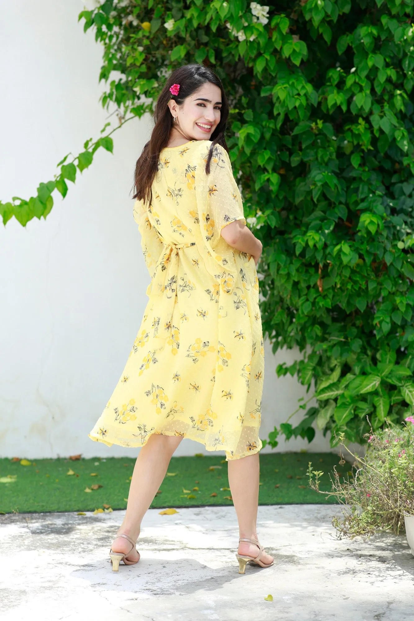 Yellowish Cream Blossom Maternity & Nursing Dress