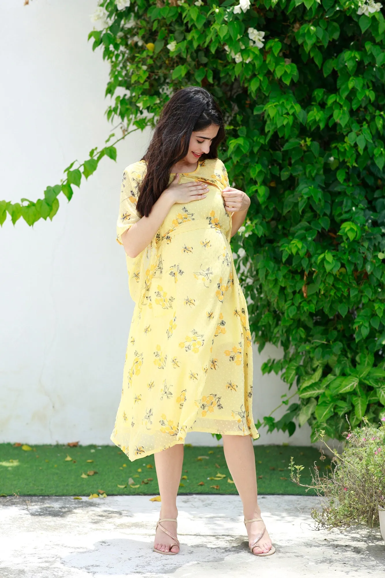 Yellowish Cream Blossom Maternity & Nursing Dress